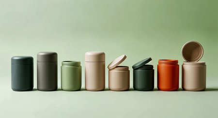 Set of multicolored plastic containers for cosmetics on a green backgroundの素材