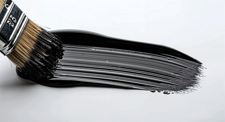 Paint brush with black paint on a white background, close-upの素材