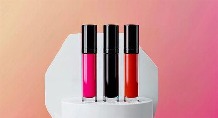 Lipsticks in a stand on a pink and yellow background.の素材