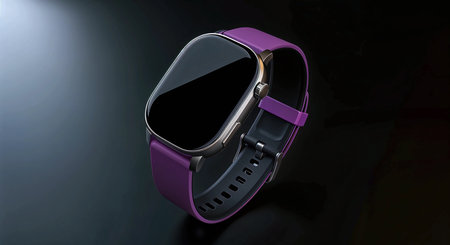 Purple smart watch with black screen on black background. 3D renderingの素材