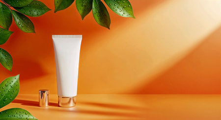 cosmetic cream bottle with green leaf on orange background 3d renderingの素材