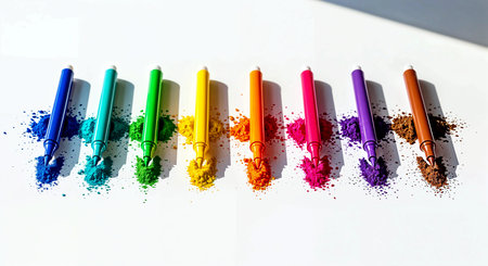 Colorful crayons on a white background, close-upの素材