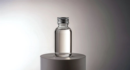 Glass bottle with blank label on grey background. 3D rendering.の素材