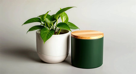 Green cosmetic container and a plant in a pot on a gray backgroundの素材