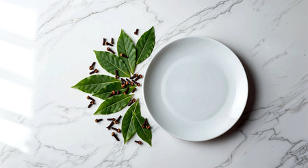 Empty white plate with green leaves on white marble table. Top viewの素材
