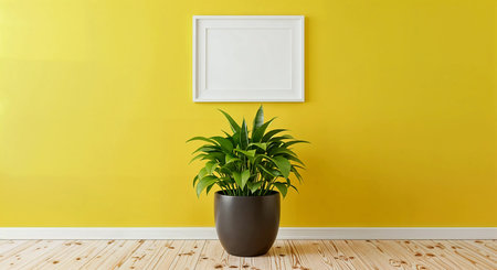 Modern interior with plant in pot and blank picture frame on yellow wallの素材