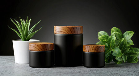 Set of black cosmetic containers with green plants on gray background. Mockup for branding designの素材