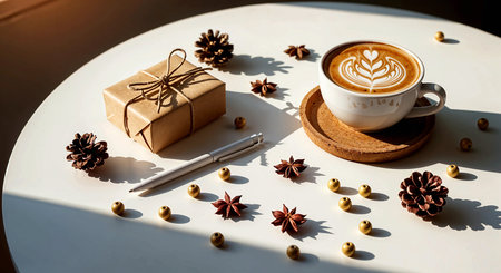 Cup of coffee latte art with gift box and pine cone on white tableの素材