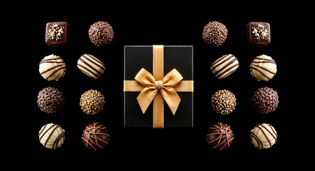Black gift box with chocolate candies on black background, top viewの素材