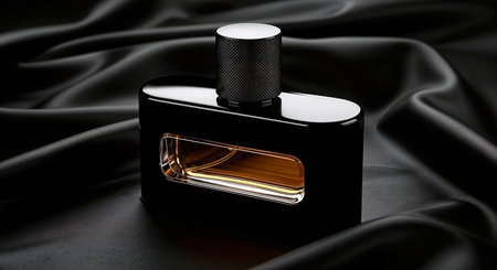 Black perfume bottle on black silk background. 3d render illustration.の素材
