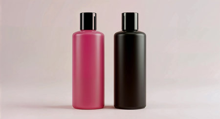 Mockup of a black and pink cosmetic bottle on a white backgroundの素材