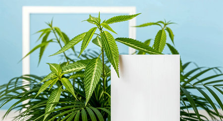 Cannabis plant in white vase on blue wall background.の素材