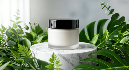 Cosmetic cream jar on a white marble podium surrounded by tropical plantsの素材