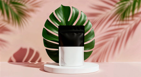 Mockup of a black cosmetic product on a podium with palm leaves. 3d renderingの素材
