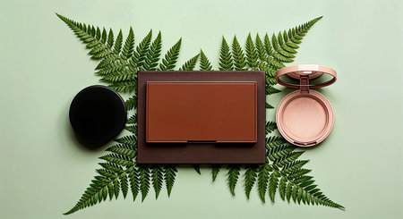 Cosmetic products and green fern leaves on color background, flat layの素材