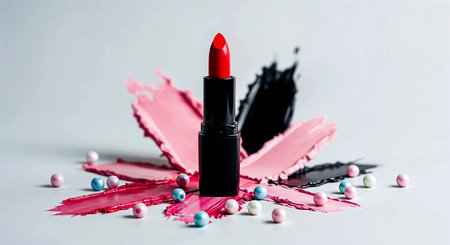 Red lipstick and confetti on a white background, close-upの素材