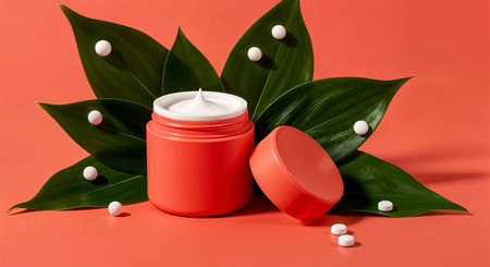 Jar of cosmetic cream with green leaves on a red background. Natural organic cosmetics.の素材