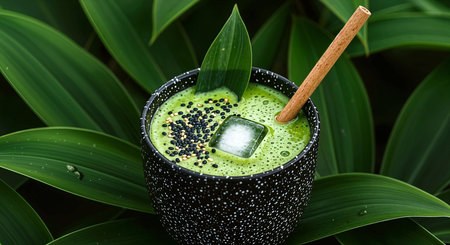 Iced green tea with black sesame seeds in a black cupの素材