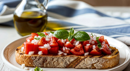 Italian bruschetta with tomatoes, onion and basil on a plateの素材