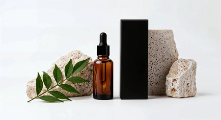 Glass dropper bottle with black label and stone on white background.の素材