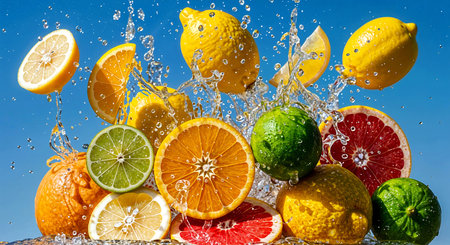 Falling lemon, lime, orange and grapefruit in water splash on blue sky backgroundの素材
