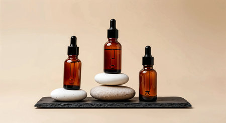 Essential oil in glass bottles with stones on beige background.の素材