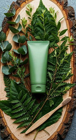 cosmetic bottle with green leaves on wooden background, organic skin care productの素材