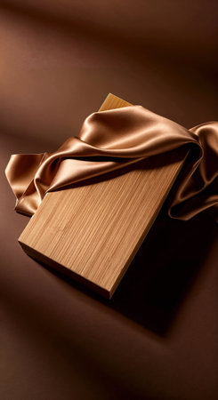 Wooden box with brown satin cloth on a brown background.の素材