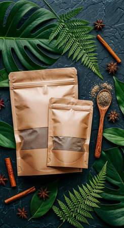 Coffee beans in paper bags on a dark background with tropical leaves.の素材