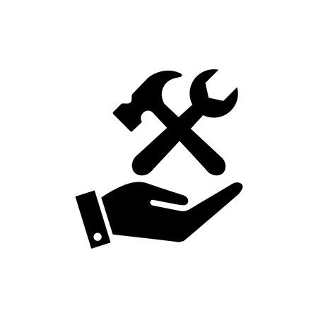Hand hold up wrench and hammer icon Flat vector. Technology tools.のイラスト素材