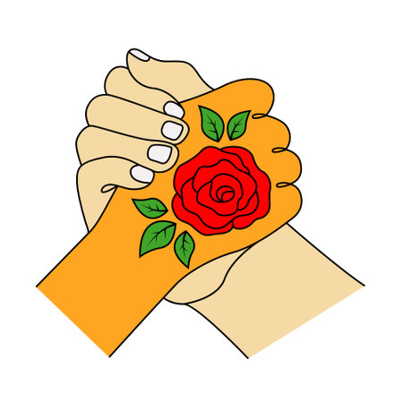 Male and Female hands with manicure holding a red rose. Vector illustration. Love and relation icon vector.のイラスト素材
