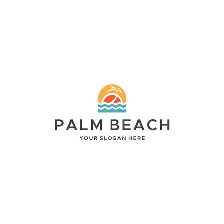 Modern PALM BEACH waves tree sunset logo designのイラスト素材