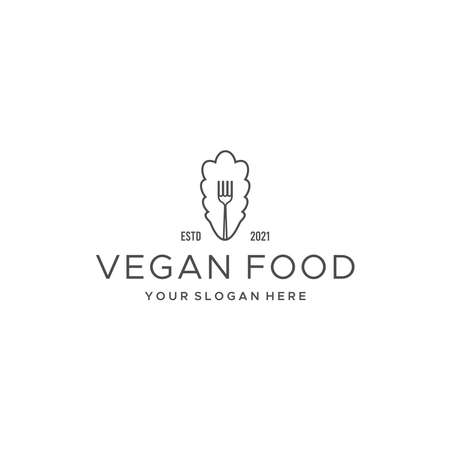 Minimal VEGAN FOOD fork vegetable leaf Logo designのイラスト素材