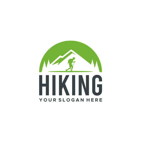 minimalist HIKING mountain tree people Logo designのイラスト素材