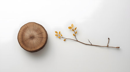 top view of empty wooden bowl with branch and leaf on white backgroundの素材