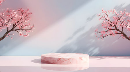 3d render of pink marble pedestal with cherry blossom backgroundの素材
