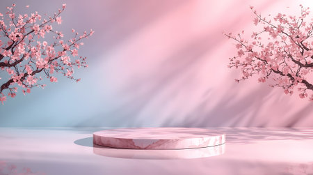 3d rendering of white marble podium with cherry blossom background.の素材