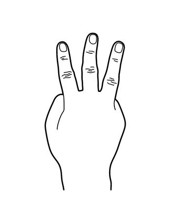 Number 3 or Three Hand Sign, Line Art Style Illustrationのイラスト素材
