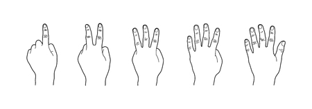 Hand Gesture, Counting one two three four five, Line Art Illustration, Isolated on White Backgroundのイラスト素材
