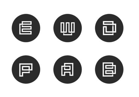 Initial Letter E, W, D, P, A, B Logo Icon, Alphabet Monochrome Letters Logos on Black Circleのイラスト素材