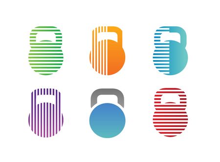 Awesome kettle bell logo template. Set of fitness icons - Vectorのイラスト素材