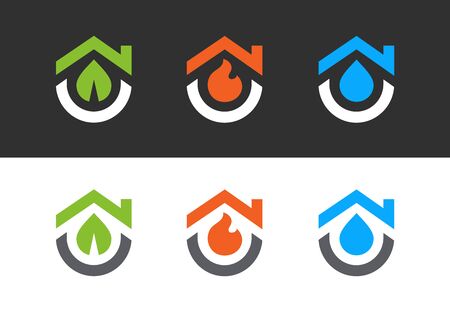 House logo with leaf, fire and water. Logos design templates set, clean and modern home symbol collection - Vectorのイラスト素材