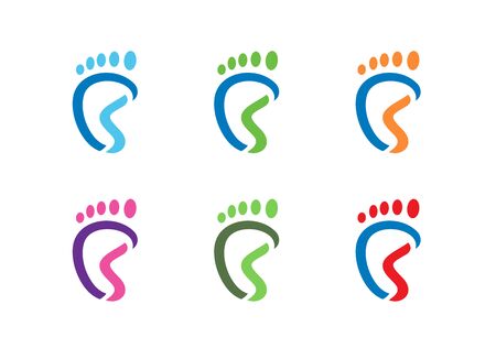 Human foot print logo set, foot medical care symbol, podiatry vector iconのイラスト素材