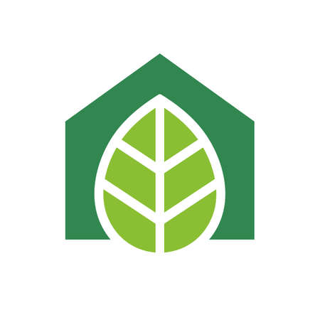 Green house logo, green leaf and home icon, eco friendly house iconのイラスト素材