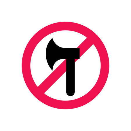 Axe and forbidden symbol, no bladed weapon, prohibition of sharp weapons sign, stop illegal logging...
