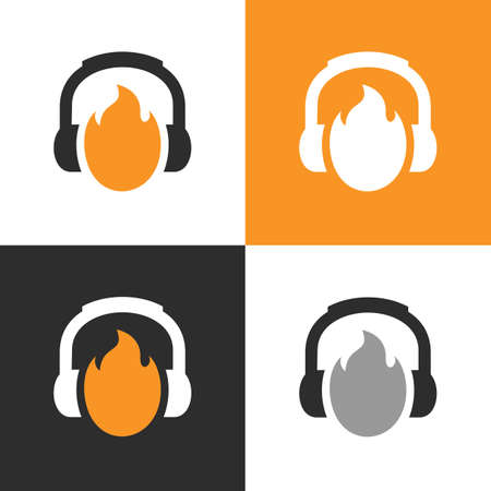 Fire podcast logo template, headset and flame icon, burning headphone symbolのイラスト素材