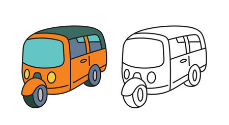 Cute tuk tuk vehicle illustrations, coloring page for kids, coloring book setのイラスト素材