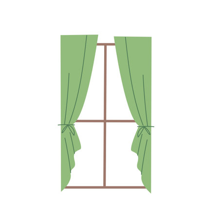 Cartoon window with green curtains, vector illustration design template elements, home decorationのイラスト素材