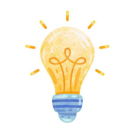 Lightbulb with rays vector image, shining light bulb illustration in cartoon style, hand drawn lampのイラスト素材