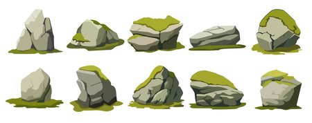 Cartoon stone with moss, jungle rock with moss, forest rock vector illustration setのイラスト素材